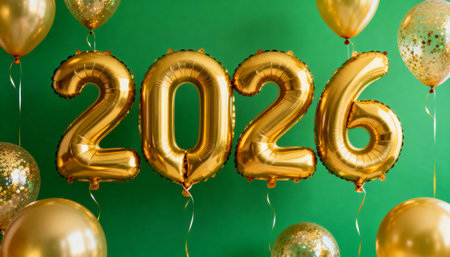 Gold balloons form the number 2026 with festive balloons and sparkling confetti on a vibrant green background for new year celebration.の素材