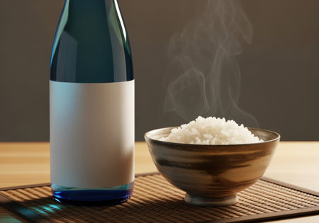 Steaming bowl of white rice served beside a blue bottle on a wooden table in warm ambient indoor lighting.の素材