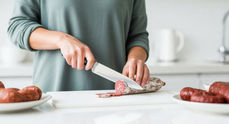 Woman slicing dry sausage on a cutting board in a bright kitchen, preparing appetizers using a sharp knife for a homemade meal.の素材