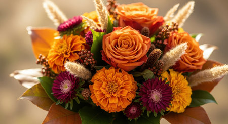 Vibrant autumn floral arrangement with orange roses marigolds asters and dried grasses in warm sunlight.の素材