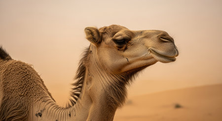 Dromedary camel standing in sandy desert environment with peaceful expression and warm natural light highlighting textured fur.の素材