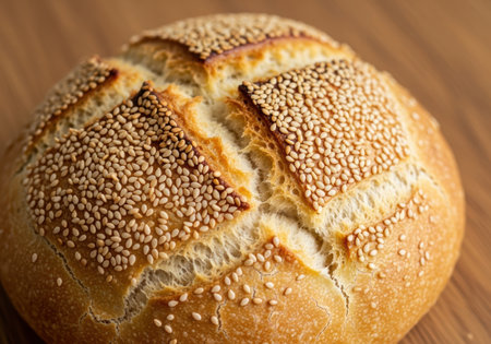 Freshly baked round crusty bread topped with golden sesame seeds on a wooden table surface in natural morning light.の素材