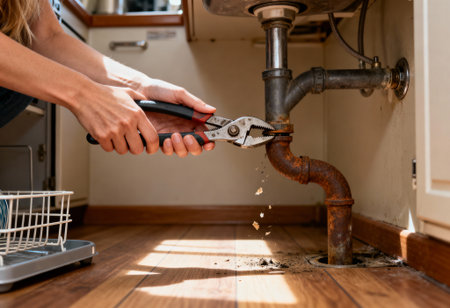 Hands using pliers to repair and remove rusted pipe under kitchen sink, focusing on home plumbing and maintenance issues.の素材