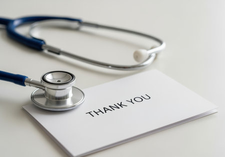 Stethoscope resting beside thank you card on clean white desk showing appreciation and gratitude for medical professionals.の素材