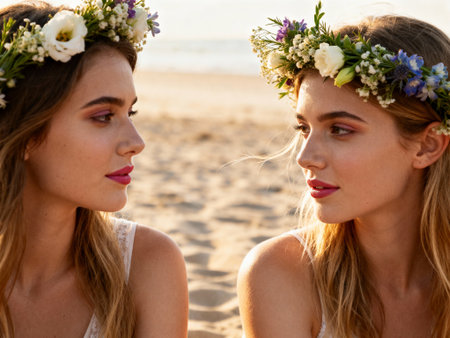 two young women with floral crowns sitting on sandy beach at sunset, gazing at each other in serene summertime atmosphere.の素材