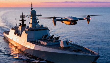 Military drone flying above navy destroyer ship at sunset, demonstrating advanced maritime surveillance and modern defense technology.の素材