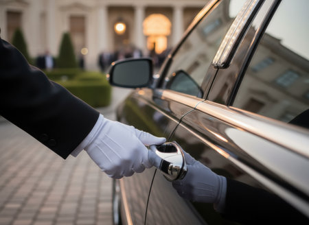 Professional chauffeur opening luxury car door with white gloves outside elegant building during formal event.の素材