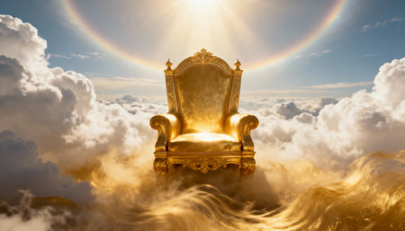 Majestic golden throne illuminated by radiant sunlight surrounded by heavenly clouds and ethereal glowing sky with a halo effect.の素材