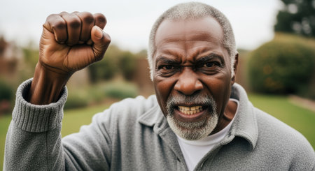 elderly man raising clenched fist and shouting in determination outdoors, expressing strong emotion on a bright day.の素材