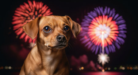 Small brown dog with worried expression sitting outdoors at night with colorful fireworks bursting in the dark sky behind.の素材