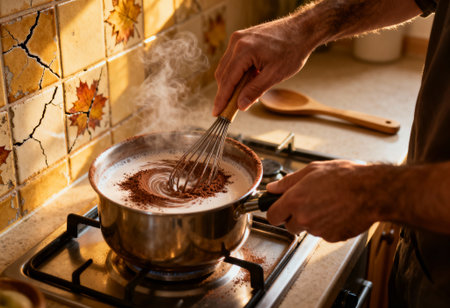 Man whisking cocoa powder into milk on a gas stove, creating a hot chocolate beverage in a cozy kitchen with warm sunlight.の素材