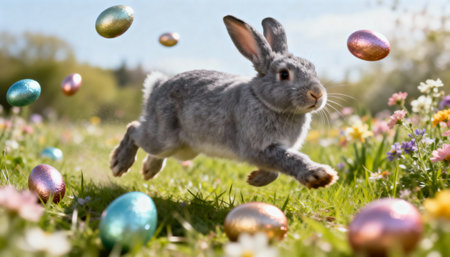 Gray rabbit leaping through grassy meadow surrounded by colorful easter eggs and blooming spring flowers in bright sunlight.の素材