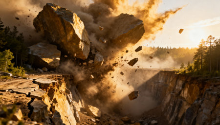 Massive rock explosion sends debris flying through quarry canyon during powerful demolition with morning sunlight and dust clouds.の素材