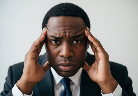 Concerned businessman in suit sitting indoors, holding his head in stress and anxiety, facing workplace pressure and tension.の素材