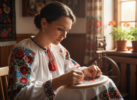 Woman in traditional embroidered dress focused on hand stitching floral patterns with colorful threads near sunny indoor plants.の素材