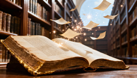 Ancient open book releasing magical glowing pages in grand library with shelves of classic literature and golden decorative details.の素材