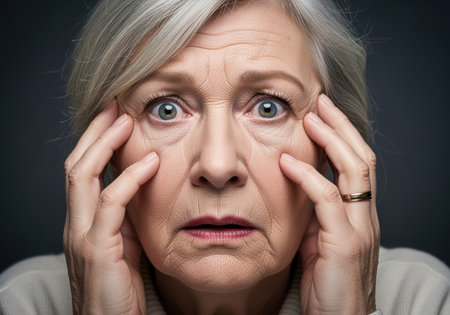 Elderly woman with gray hair and anxious expression holding face with both hands against a dark background, close up portrait.の素材