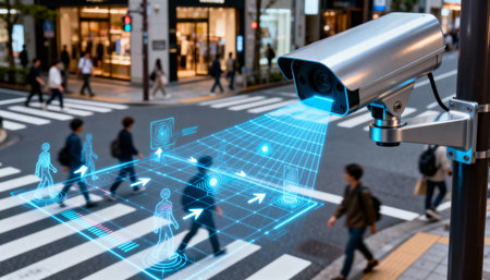 Advanced security camera monitoring pedestrians with ai facial recognition and real time data analysis at urban crosswalk.の素材