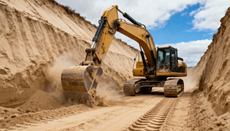 Large yellow excavator digging deep sandy trench at construction site with dramatic clouds and heavy equipment in operation.の素材