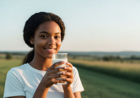Smiling young woman holding glass of milk outdoors in nature during sunset, enjoying healthy drink and fresh countryside air.の素材