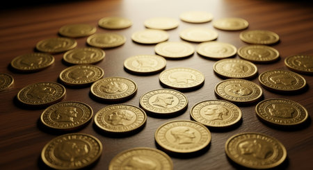 Multiple shiny gold coins scattered on a wooden surface in warm light, highlighting wealth, finance, currency, and investment concepts.の素材