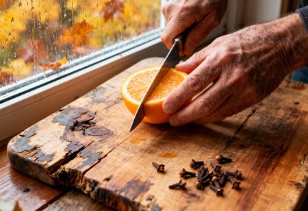Man slicing fresh orange on rustic wooden table with cloves beside a window during autumn morning.の素材
