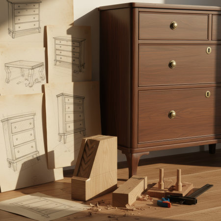 Beautifully crafted wooden dresser stands beside detailed furniture blueprints and woodworking tools bathed in warm natural light.の素材