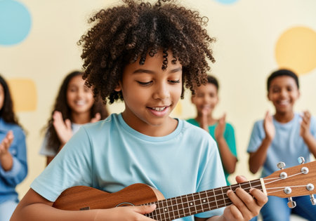 Smiling child playing ukulele in classroom while friends clap along, fostering musical creativity and teamwork among students.の素材