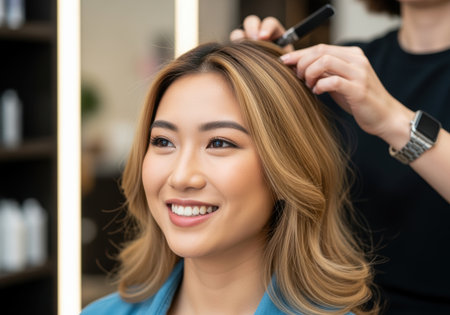 Smiling young woman enjoying a professional hairstyling session at a modern salon with soft blonde highlights and fresh haircut.の素材