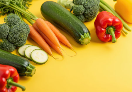 Fresh zucchini, carrots, broccoli, and bell peppers arranged in a colorful assortment on a vibrant yellow background.の素材