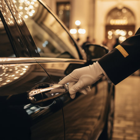 Elegant doorman in uniform opening a luxury car door for a guest at upscale hotel entrance under warm evening lights.の素材