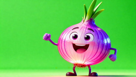 Cheerful purple onion character with expressive face and arms standing on vibrant green background, showing positive energy.の素材