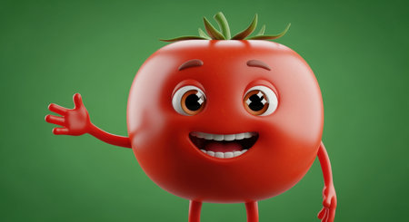 Cheerful tomato character with big eyes and smiling face waving on green background promoting healthy eating for children.の素材