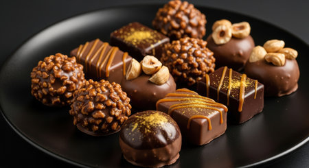 Assorted gourmet chocolate pralines decorated with hazelnuts and caramel drizzle on a matte black plate against a dark background.の素材