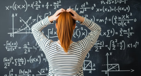 Young woman facing complex mathematical equations on chalkboard, struggling to solve problems related to graphs and formulas.の素材