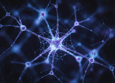 Futuristic neural network with glowing synapses showcasing artificial intelligence connections on a digital blue abstract background.の素材