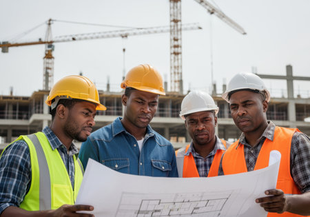 Construction team reviews blueprint on site with cranes and unfinished building structure in background, teamwork and planning focus.の素材