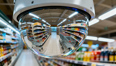 Security camera dome reflecting supermarket aisles with empty shopping carts surrounded by colorful product shelves and fluorescent lighting.の素材
