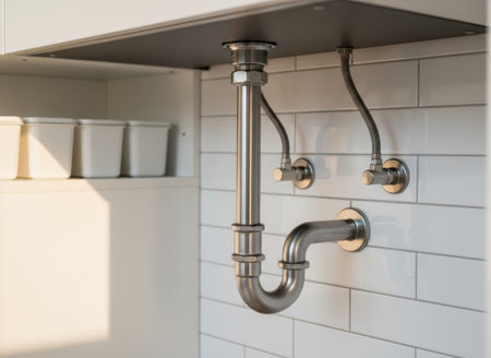 Modern stainless steel kitchen sink drain pipes and valves mounted under a clean countertop with white subway tile backsplash.の素材