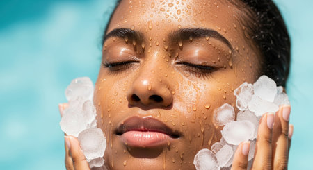 Woman cooling face with ice cubes, refreshing skin care routine, water droplets on glowing complexion under bright summer sunlight.の素材