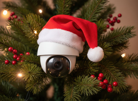 Surveillance security camera with santa hat hidden in festive christmas tree branches decorated with red berries and pine needles.の素材