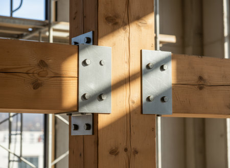 Exposed timber beam joint with steel connectors in modern sustainable construction interior, sunlight highlighting structural details.の素材