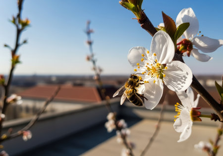 Honeybee collecting nectar from blooming white flower on tree branch in bright spring sunlight with blurred urban background.の素材