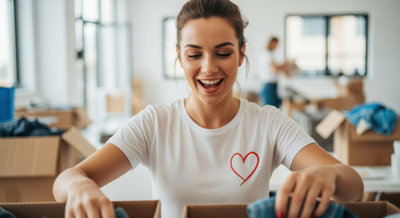 Smiling young woman volunteering by sorting donated clothes into boxes at community center with a cheerful and supportive atmosphere.の素材