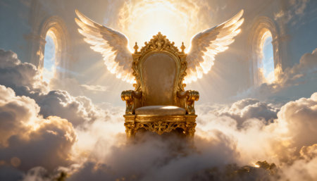 Majestic golden throne with angel wings surrounded by glowing sunlight amid clouds in ethereal, heavenly atmosphere.の素材