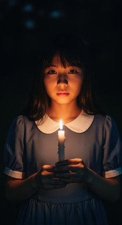 Young girl in blue dress holding a lit candle in the darkness, soft glow illuminating her face with a calm and solemn expression.の素材