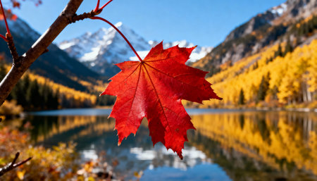 Vibrant red maple leaf in sharp focus with scenic autumn mountains, golden trees, and crystal clear lake reflecting blue sky.の素材
