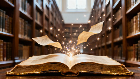 Ancient magical book opens in a quiet library with glowing golden sparks and flying enchanted pages illuminated by sunlight.の素材