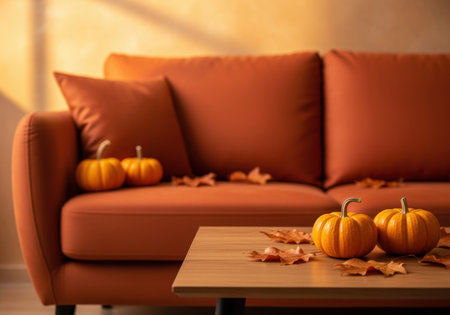 Cozy orange sofa decorated with small pumpkins and autumn leaves, warm living room interior, seasonal home decoration inspiration.の素材