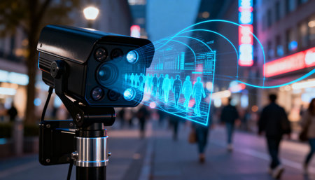 advanced surveillance camera with artificial intelligence tracking pedestrians in urban environment with futuristic digital overlay.の素材